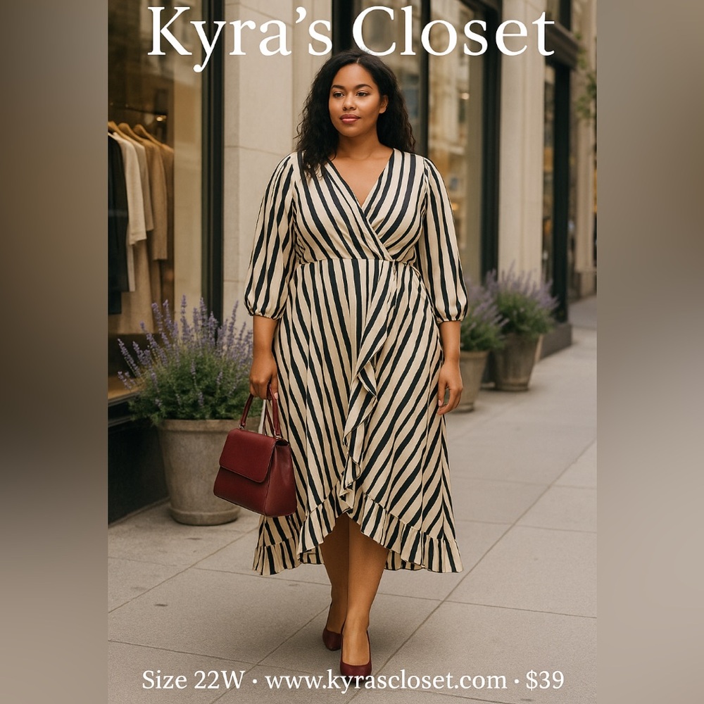 Maison Tara Black and Cream Striped Long Sleeve Dress sz 22W